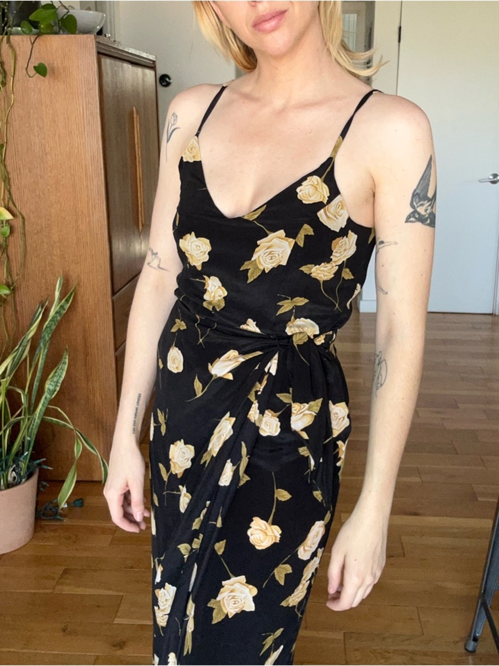 Vintage Reformation Black Silk Midi Wrap Dress with Cream & Yellow Rose Design
